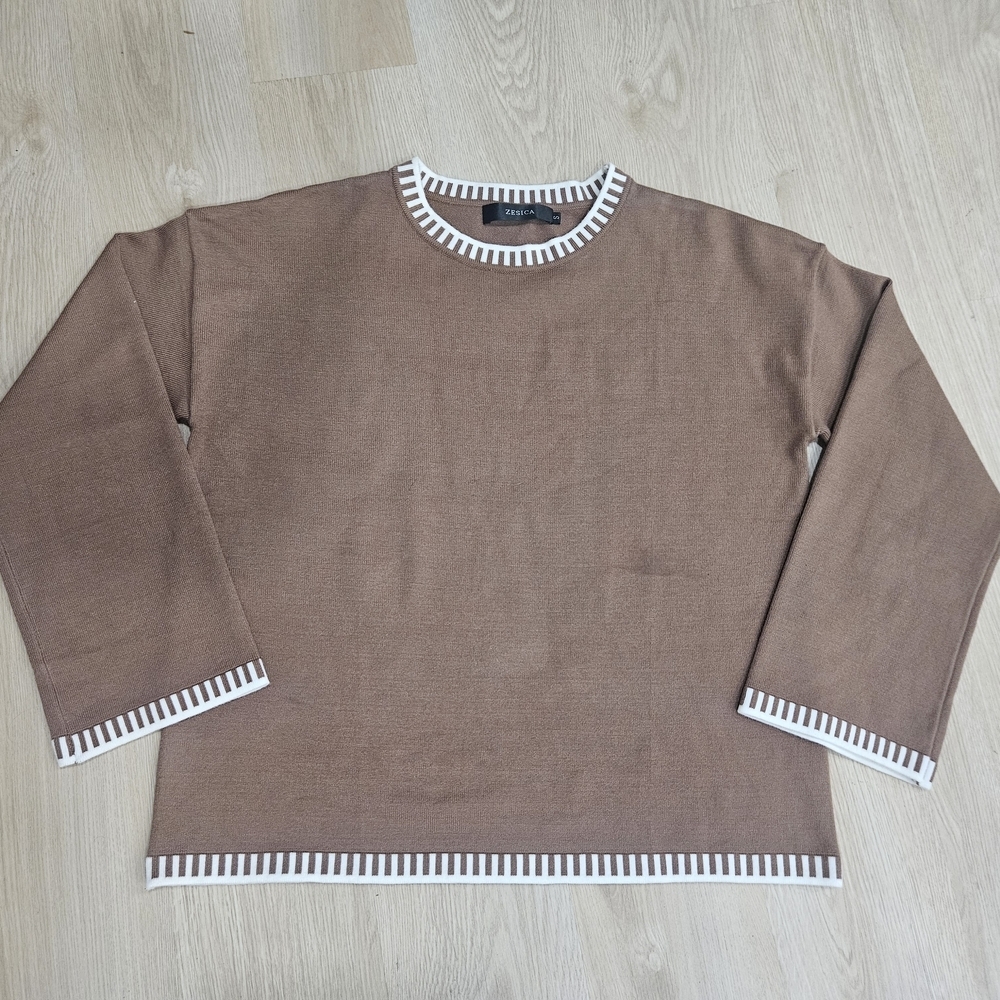 Zesica Brown Sweater Long Sleeve White Striped Trim Size Small